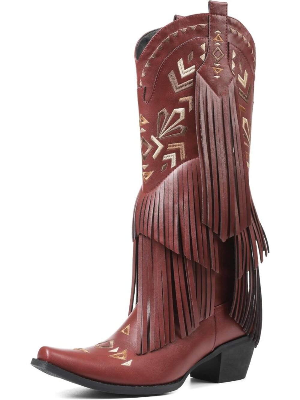 Women's Wine Red Cowgirl Knee High Fringe Boots Rubber Fleece Microfiber - Picture 2 of 5